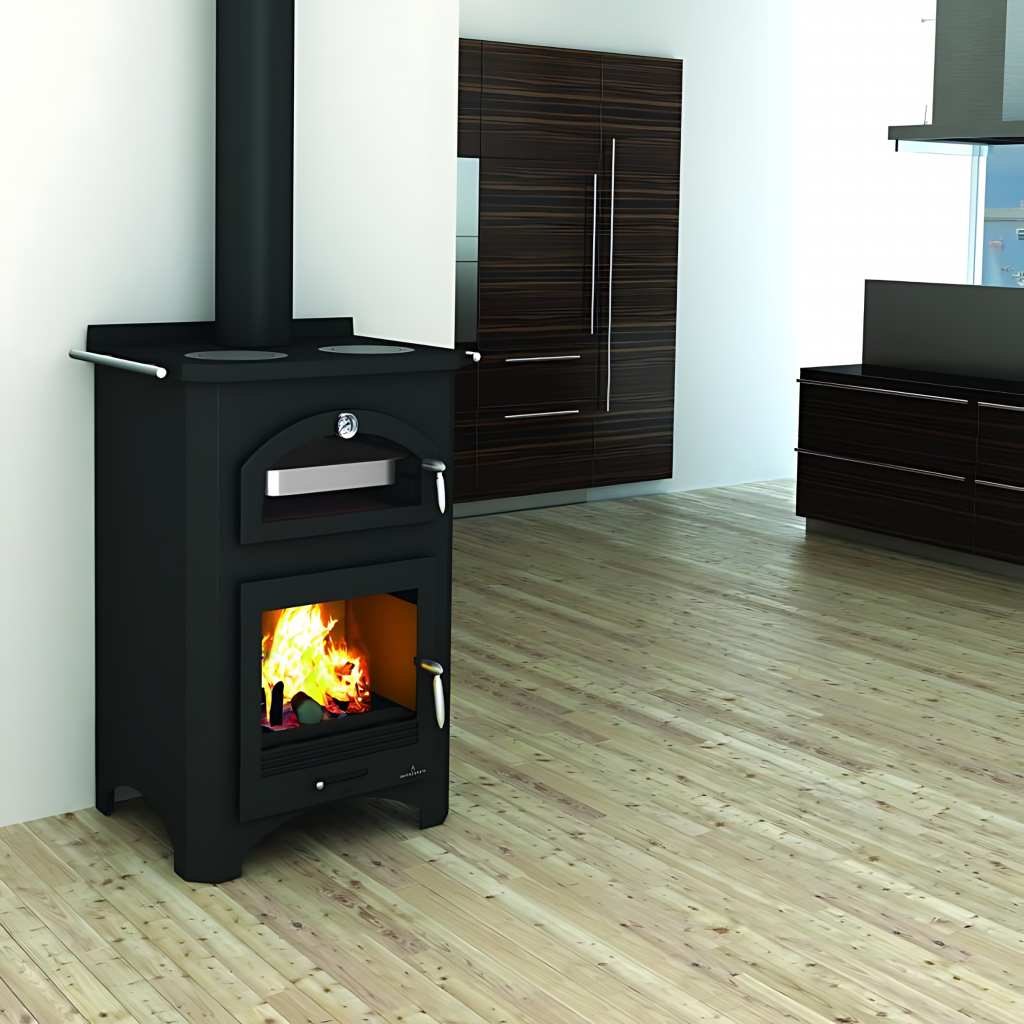 Poêle à Bois Avec Four Prity 14 KW - Acier - Verre Céramique - Four Intégré - Noir Graphite - Chauffage Convection